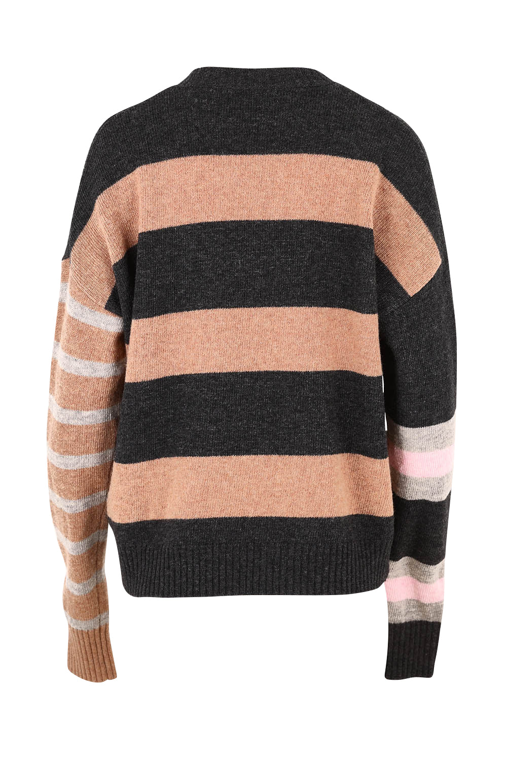 Product shot of the Lambswool Stripe Crew in colour Midnight, from the back