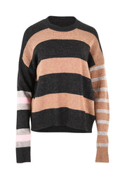 Product shot of the Lambswool Stripe Crew in colour Midnight, from the front
