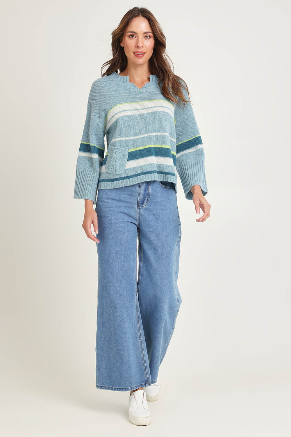 Crop Stripe Wool Blend Jumper – Seafoam