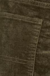 Product shot of the Riders Hi Wide Cord Straigh Leg Pant in colour Deepolive (Green), detail