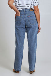 Model Sandy wearing size 10 of the Riders Hi Wide Leg Jean in colour Worninblue (Blue), from the back
