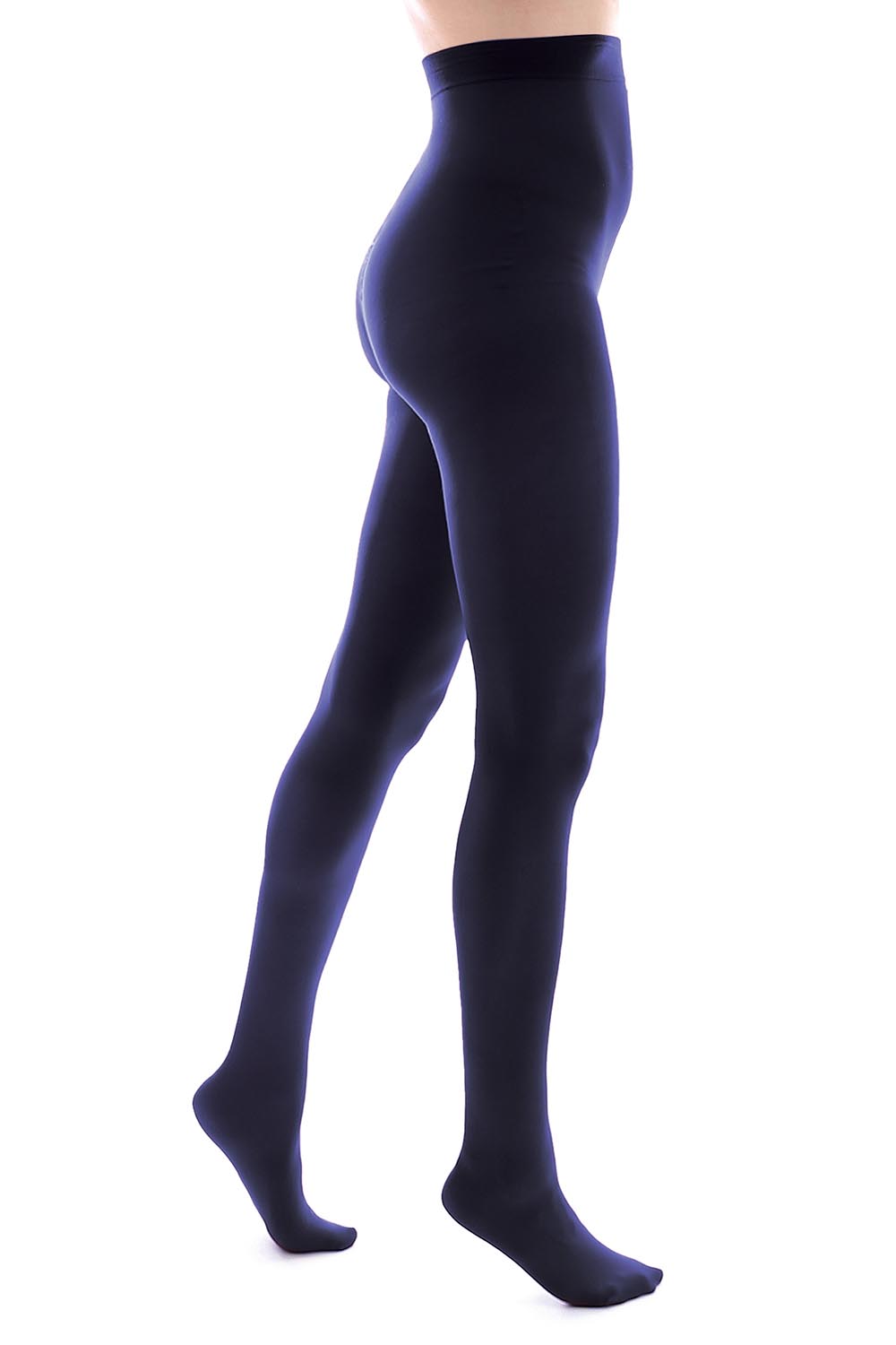 A model wearing the Suede Matte 50 Stocking in colour Navy (Blue), from the front, cropped image