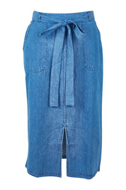 Product shot of the Cowslip Skirt in colour Denim (Blue), from the front