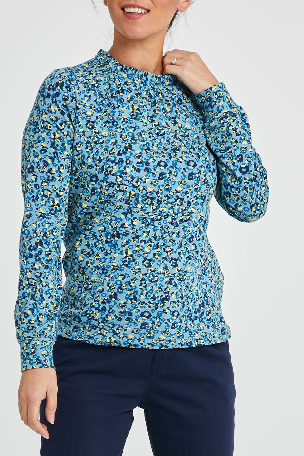 Model Katie wearing size 10 of the Bracelands Top in colour Teal (Green), from the front, cropped image