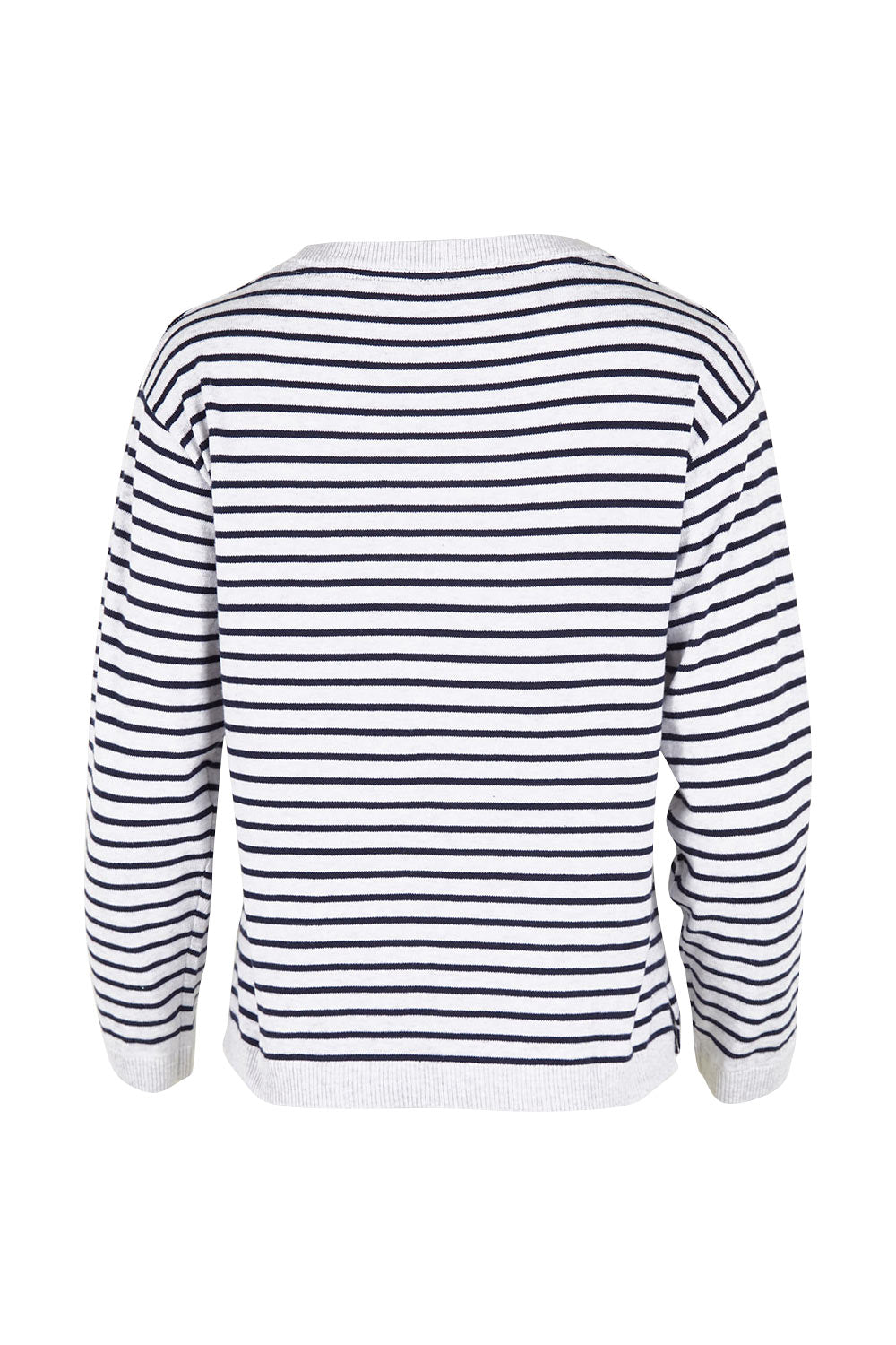 Product shot of the Meadow Stripe Jumper in colour Navystri (Blue), from the back