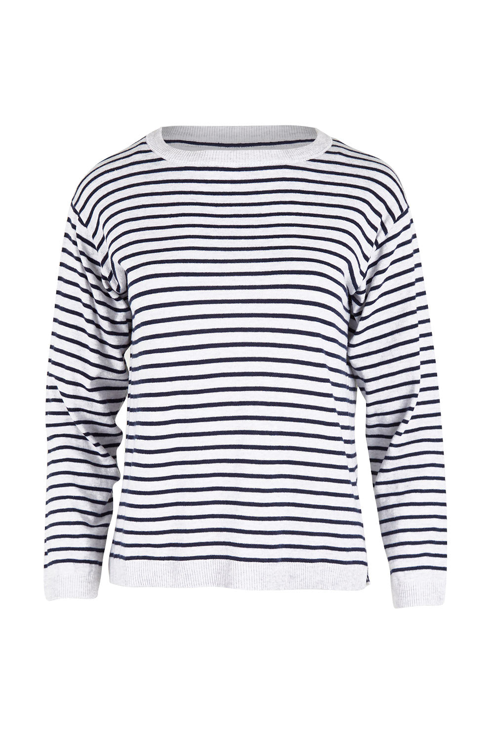 Product shot of the Meadow Stripe Jumper in colour Navystri (Blue), from the front