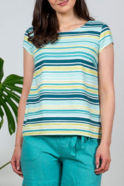 A model wearing the Sun And Shade Top in colour Tealstrip (Green), from the front, cropped image