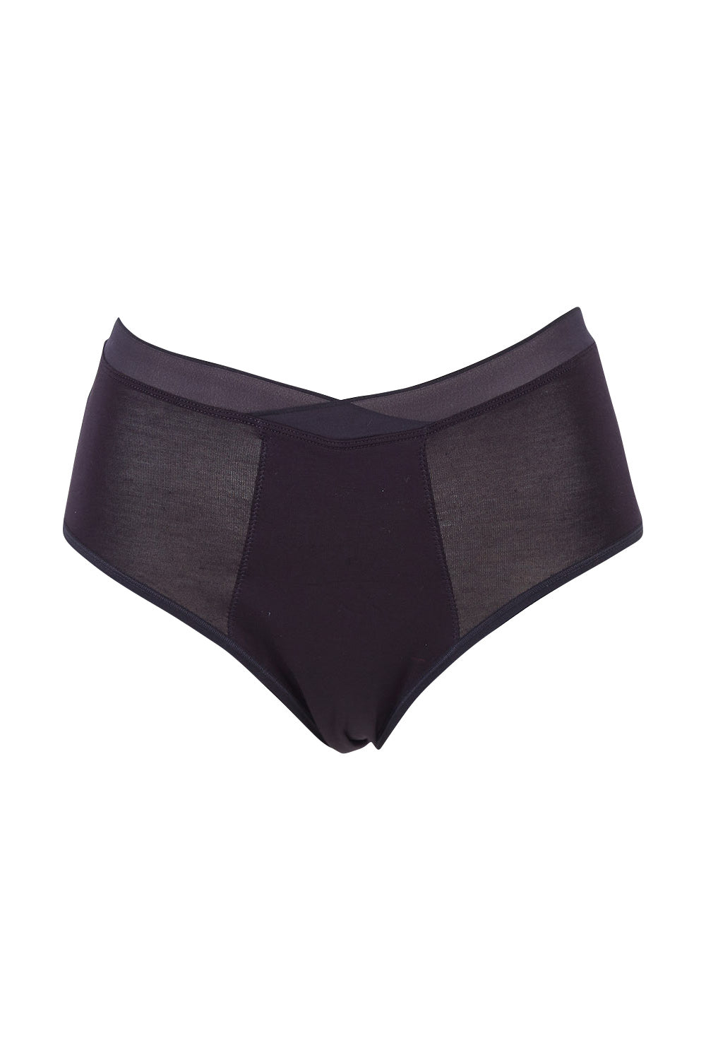 Product shot of the Hi Waist Bamboo Period Brief in colour Black (Black), from the front