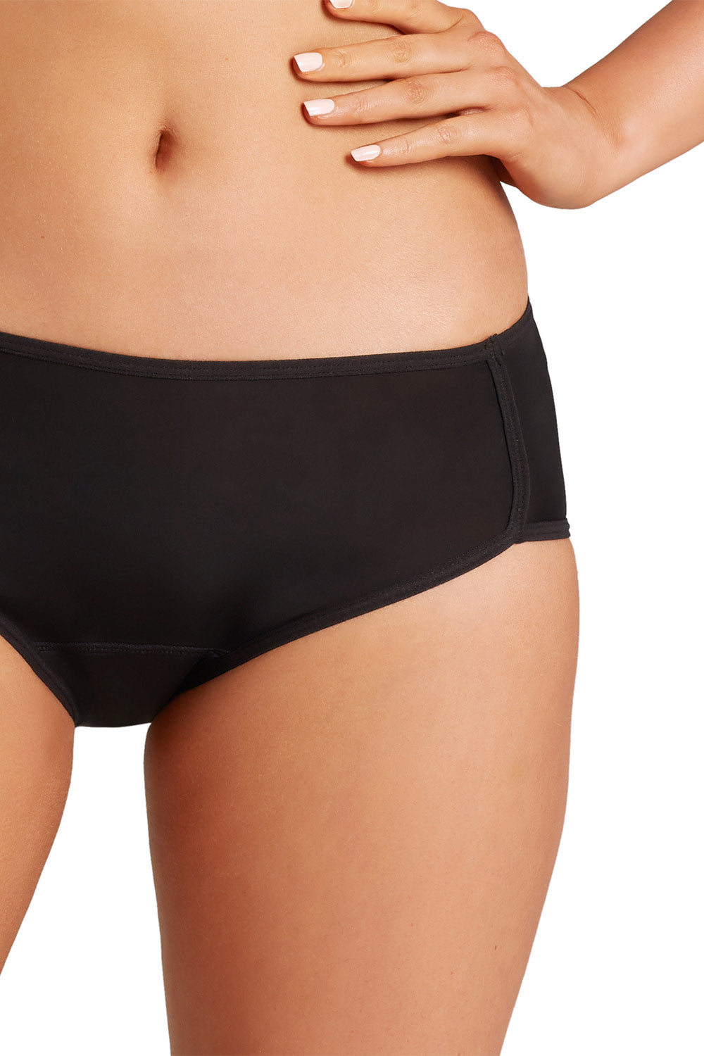 A model wearing the Midi Brief in colour Black (Black), from the front, cropped image