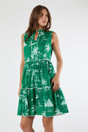 Model Genericm wearing size sample of the Alura Sundress – Lagoon in colour Lagoon, from an angle