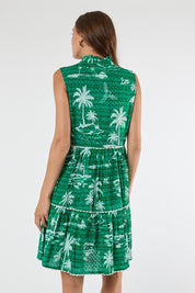 Model Genericm wearing size sample of the Alura Sundress – Lagoon in colour Lagoon, from the back