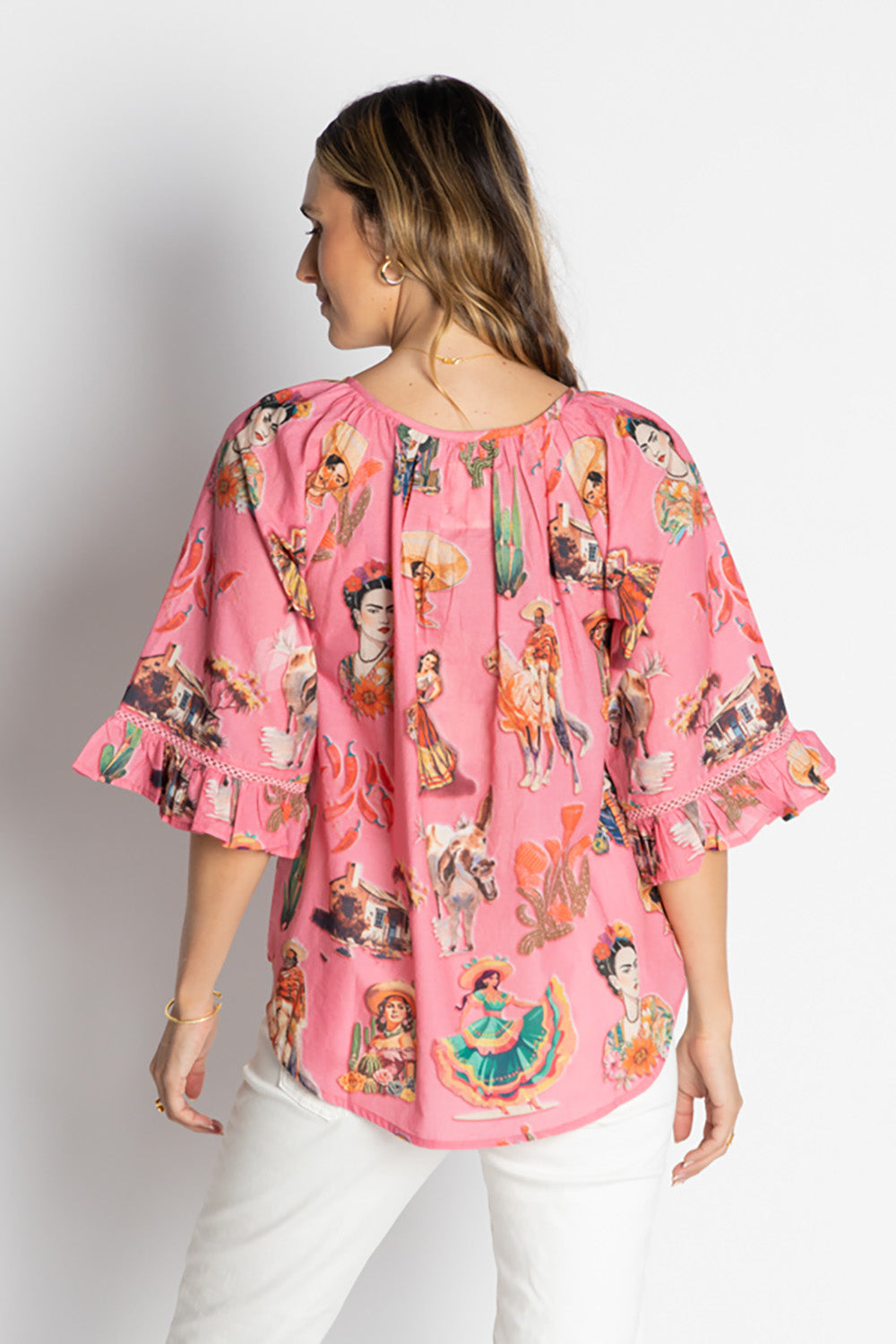 A model wearing the Arriba Cotton Top in colour Pink (Pink), from the back