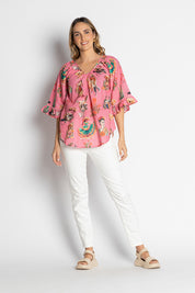 A model wearing the Arriba Cotton Top in colour Pink (Pink), from the front, showing the whole outfit