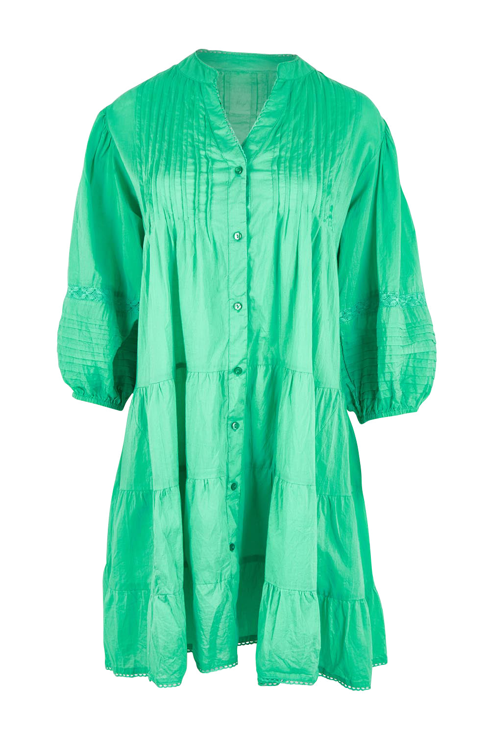 Product shot of the Celeste Cotton Dress in colour Sea (Green), from the front