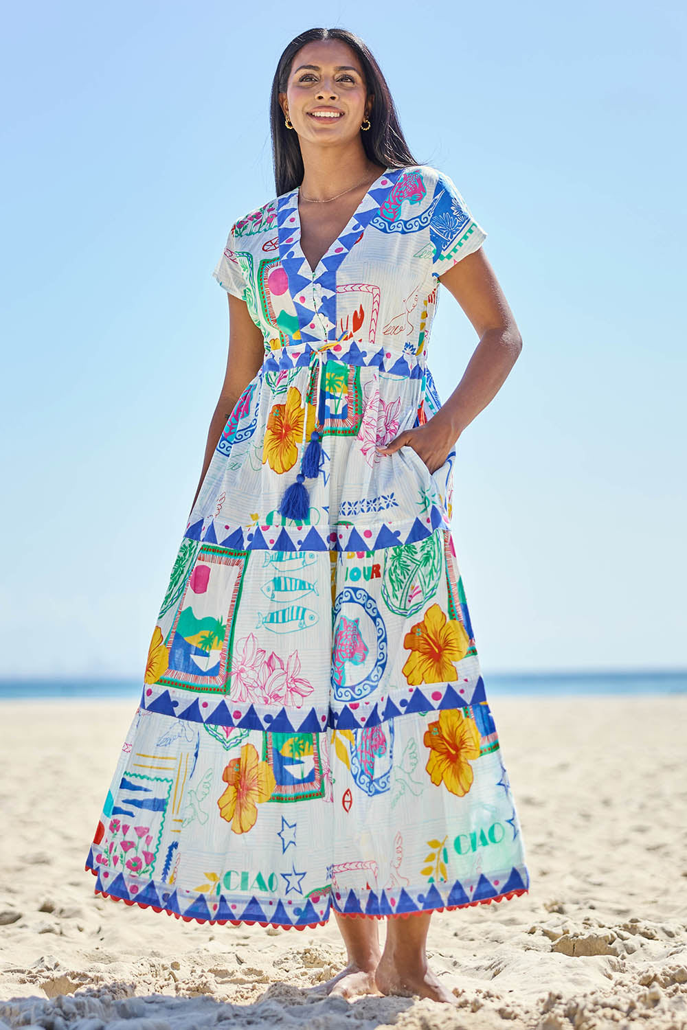 Model Eshan wearing size 10 of the Ciao Maxi Dress – Print in colour Print, from the front