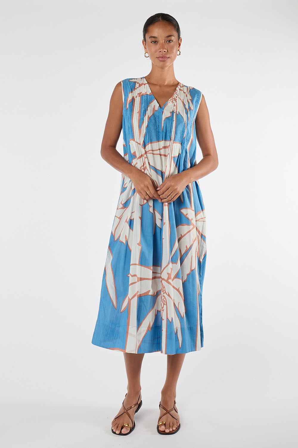 Model Genericm wearing size sample of the Colette Sleeveless Midi Dress – Sky in colour Sky, from the front