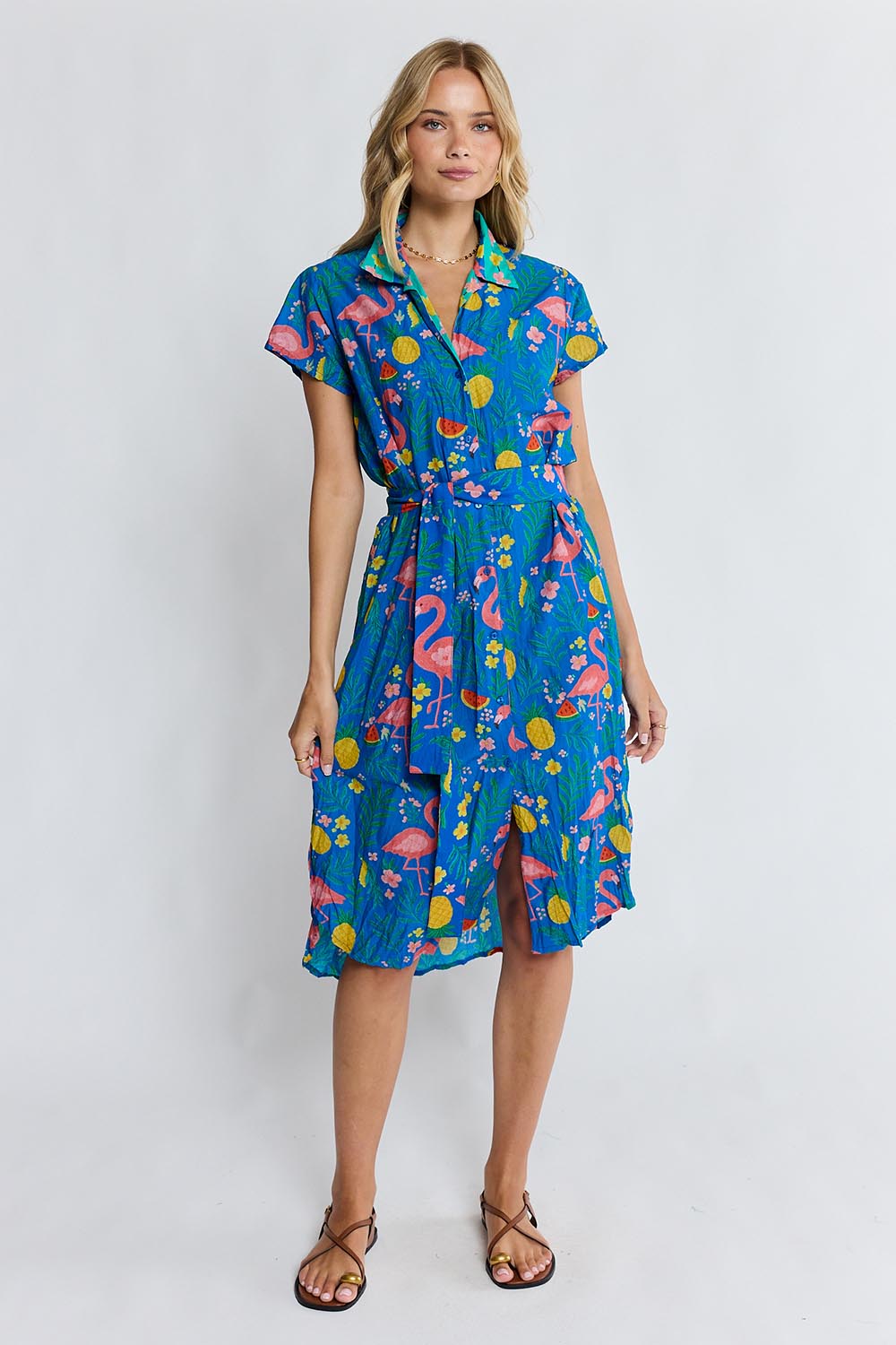 Model Genericm wearing size sample of the Flamingo Shirtdress – Azure in colour Azure, from the front