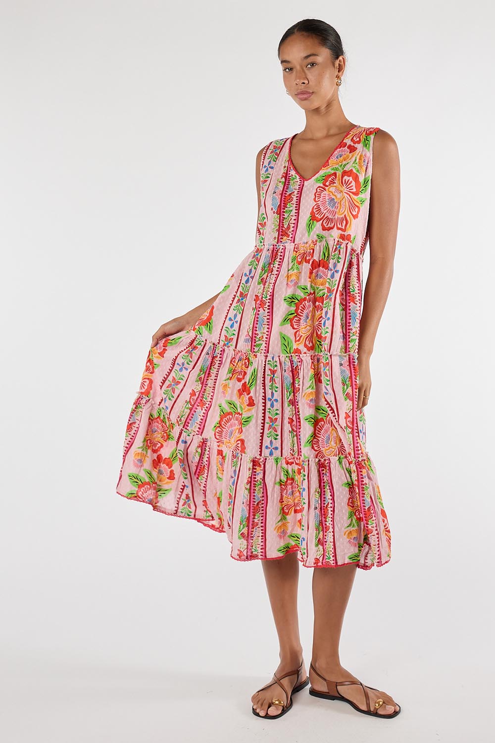 Model Genericm wearing size sample of the Ines Sleeveless Midi Dress – Shell in colour Shell, from the front
