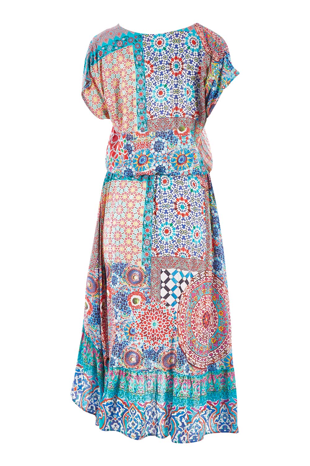 Product shot of the Isadora Dress in colour Print (Blue), from the back