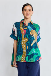 Model Genericm wearing size sample of the Jungle Fever Shirt – Navy in colour Navy, in a cropped view