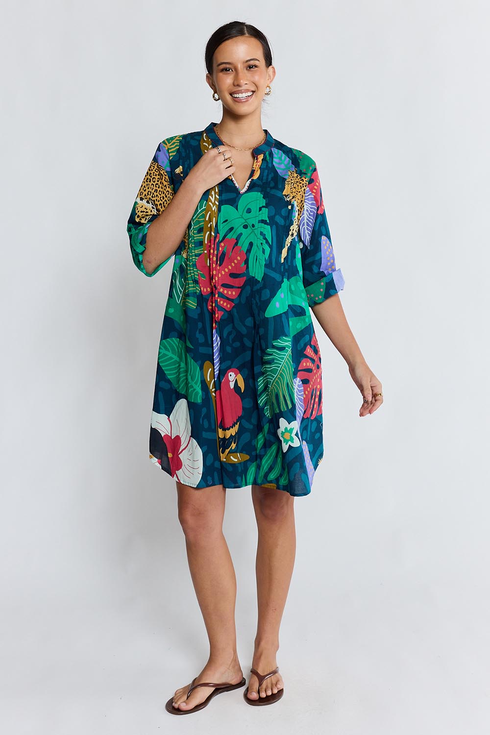 Model Genericm wearing size sample of the Jungle Fever Tuck Dress – Navy in colour Navy, from the front