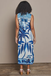 Model Ziara wearing size S of the Karasi Cotton Dress in colour White (Blue), from the back