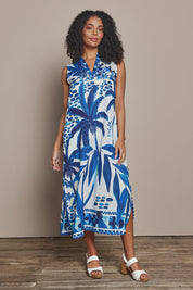 Model Ziara wearing size S of the Karasi Cotton Dress in colour White (Blue), from the front, showing the whole outfit