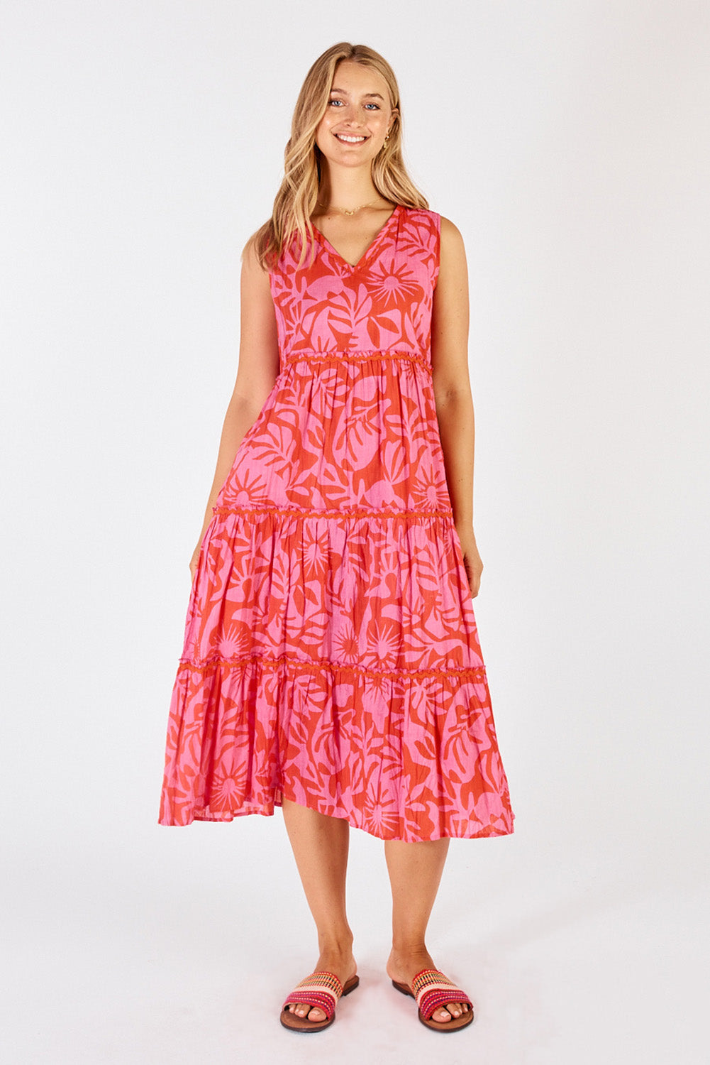 Preloved Laiken Tiered Midi Cotton Dress - Melon