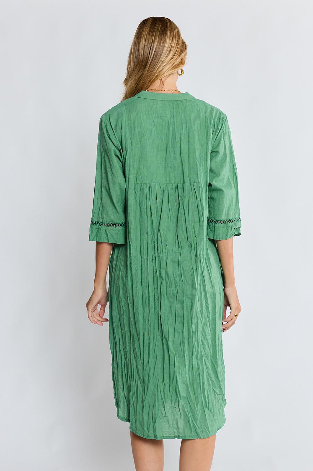 Model Genericm wearing size sample of the Laverne Cotton Kaftan Dress – Gumleaf in colour Gumleaf, from the back