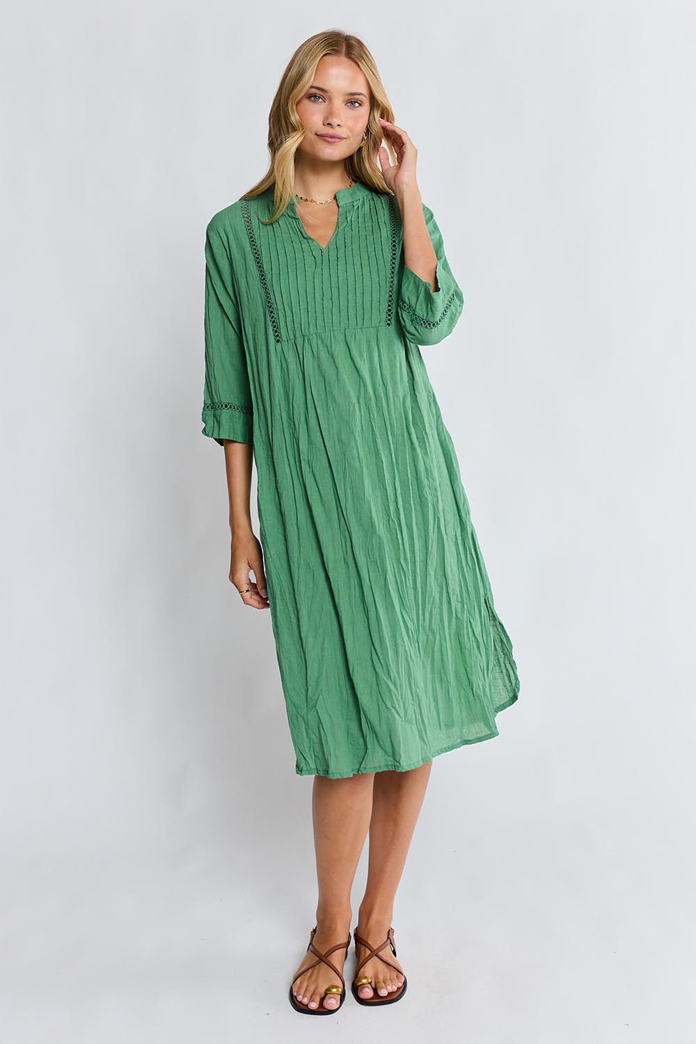 Model Genericm wearing size sample of the Laverne Cotton Kaftan Dress – Gumleaf in colour Gumleaf, from the front
