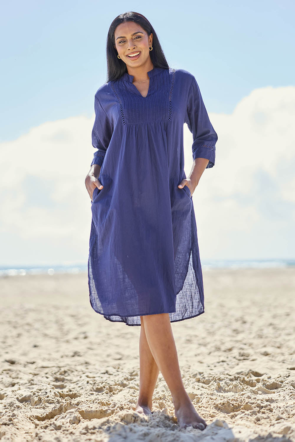 Model Eshan wearing size 10 of the Laverne Cotton Kaftan Dress – Navy in colour Navy, from the front