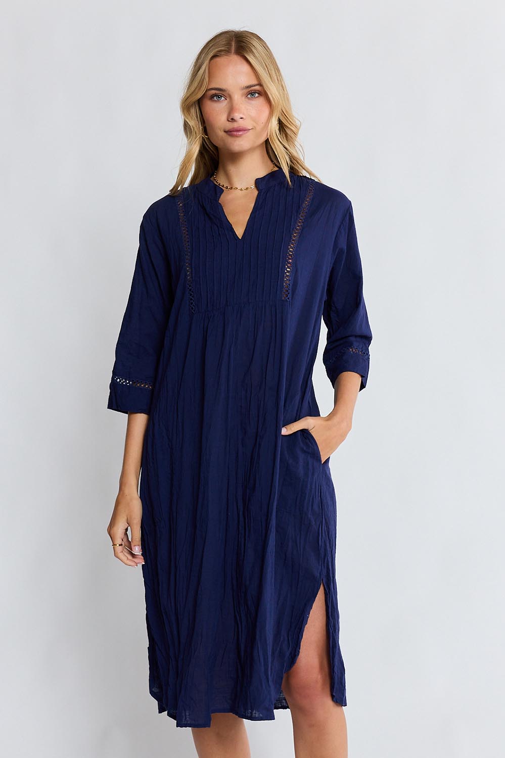Model Genericm wearing size sample of the Laverne Kaftan Dress – Navy in colour Navy, from the front