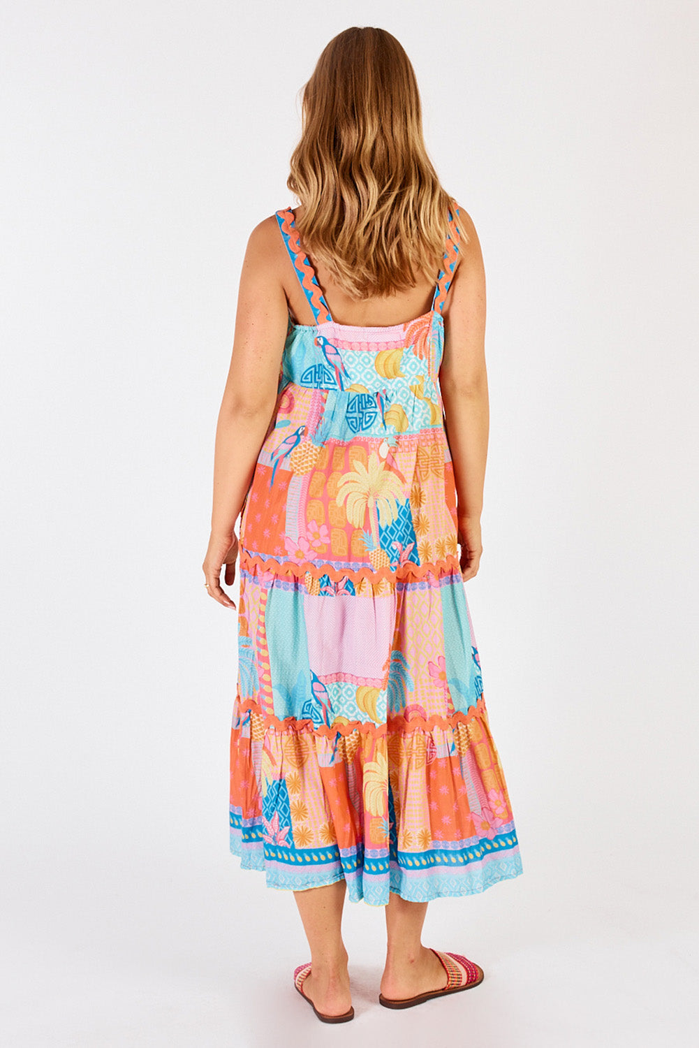 A model wearing the Luna Cotton Sundress in colour Candy, from the back