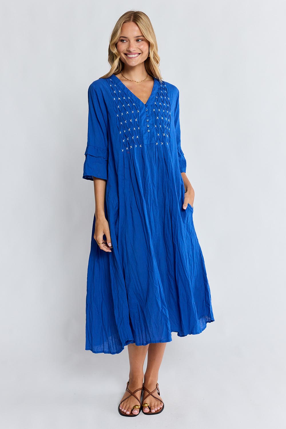 Model Genericm wearing size sample of the Marilyn Midi Dress – Azure in colour Azure, from the front