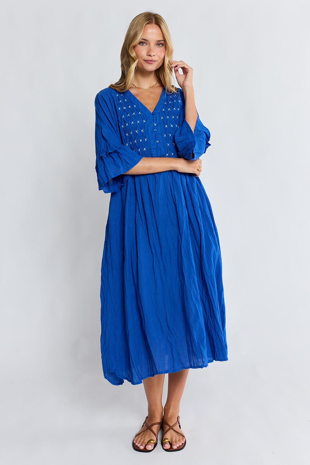 Model Genericm wearing size sample of the Marilyn Midi Dress – Azure in colour Azure, from the front
