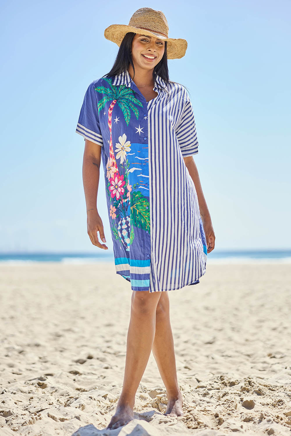 Model Eshan wearing size 10 of the Marisol Shirtdress - Navy in colour Navy, from the front