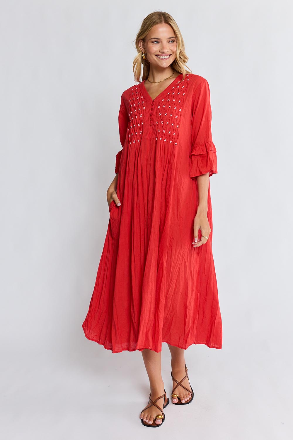 Model Genericm wearing size sample of the Marilyn Midi Dress – Red in colour Red, from the front