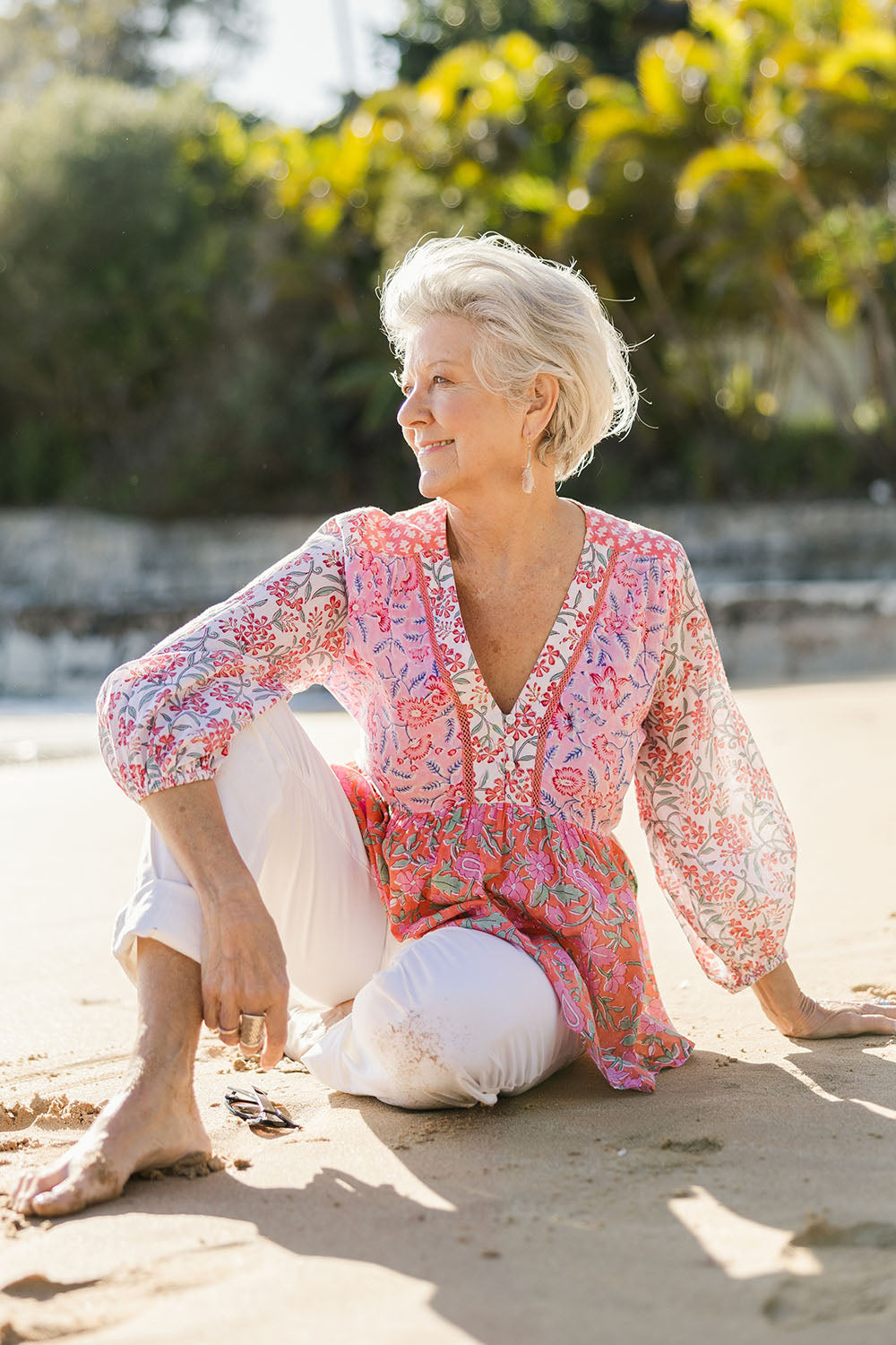 Model Elise wearing size S of the Maud Top in colour Multi (Pink), from the front, showing the whole outfit