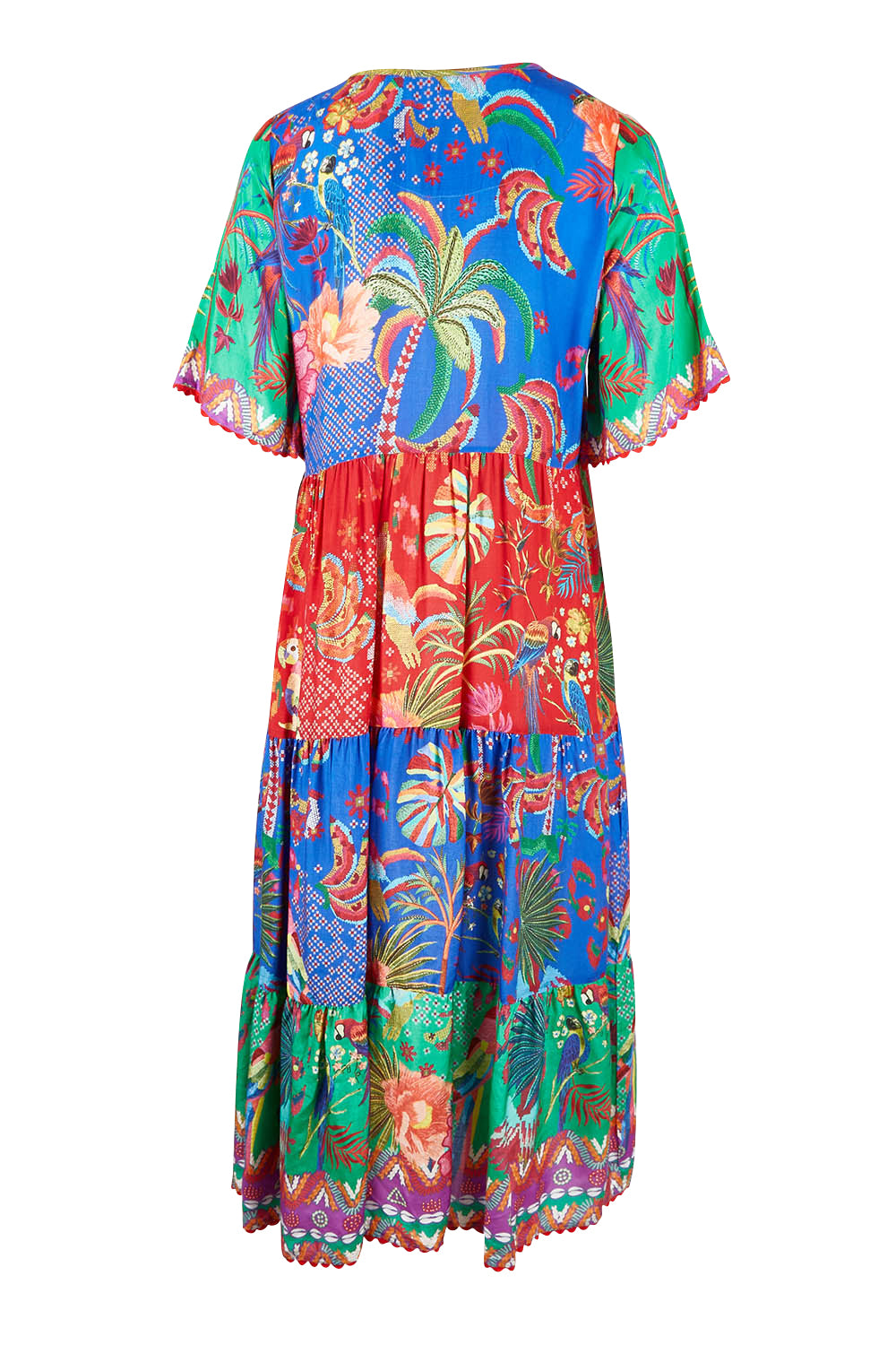Product shot of the Peregian Tiered Midi Dress in colour Multi (Blue), from the back