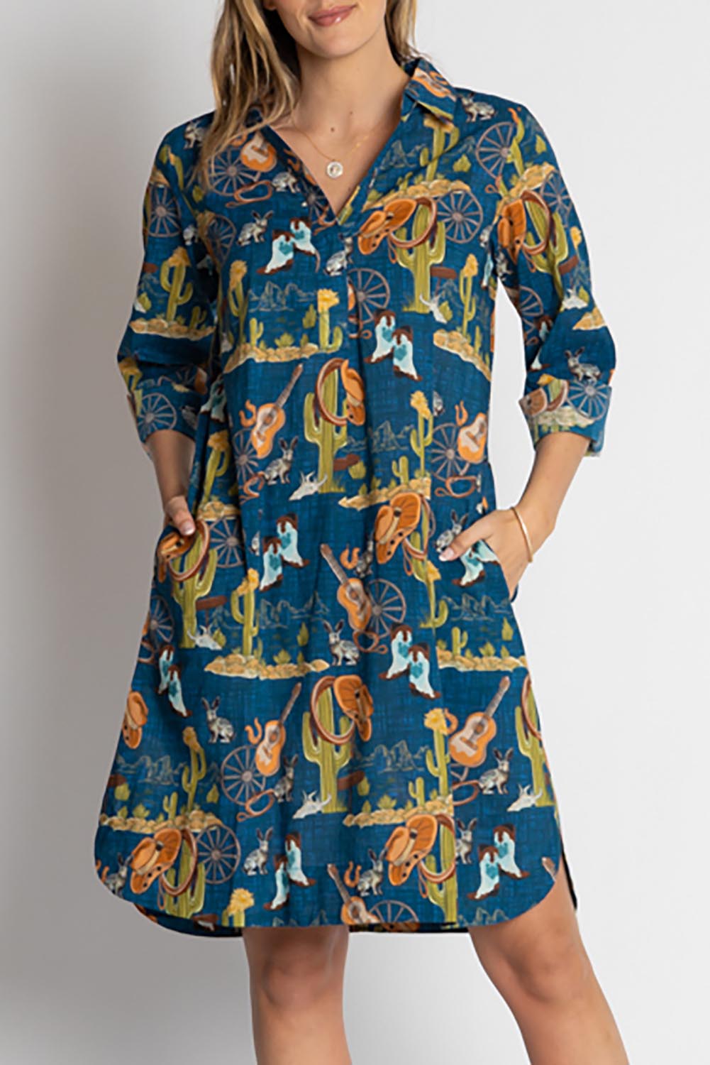 A model wearing the Prairie Cotton Shirtdress in colour Navy (Blue), from the front, cropped image