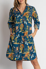 A model wearing the Prairie Cotton Shirtdress in colour Navy (Blue), from the front, cropped image