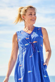 Model Bianca wearing size S of the Sardine Tie Cotton Midi Dress in colour Ocean (Blue), from the front, showing the whole outfit