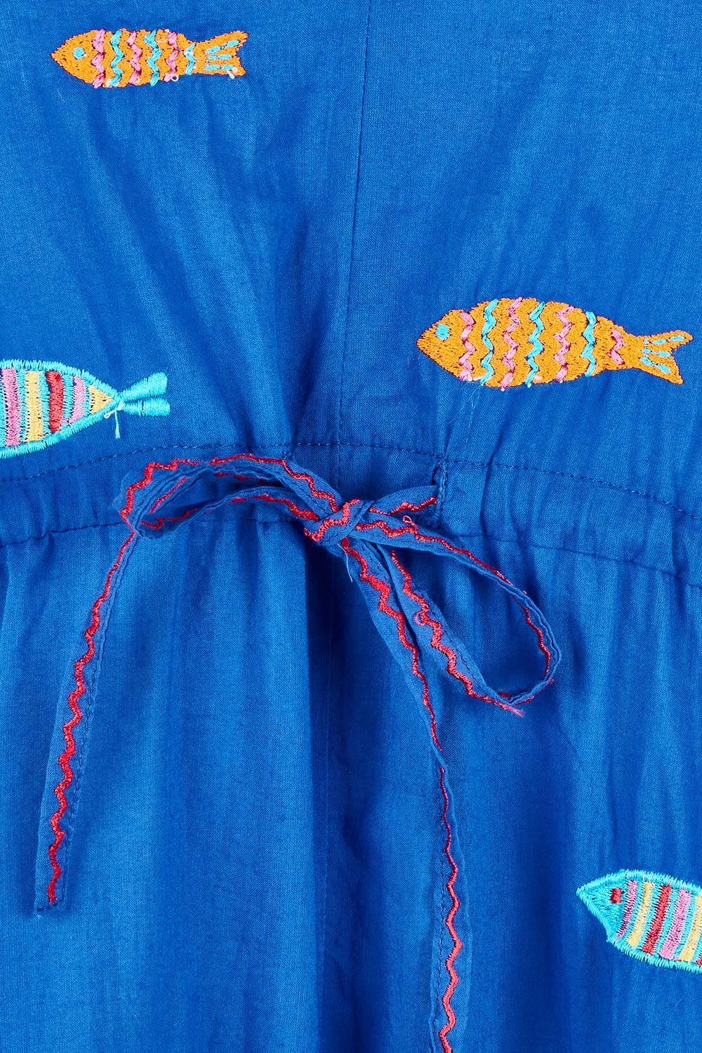 Product shot of the Sardine Tie Cotton Midi Dress in colour Ocean (Blue), detail