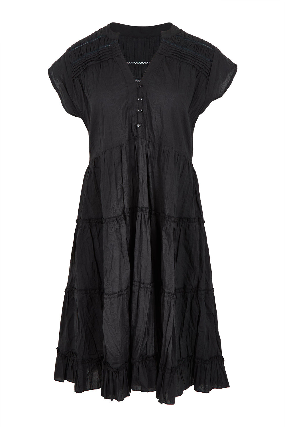 Product shot of the Shayna Cotton Tiered Dress in colour Black (Black), from the front