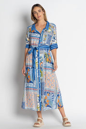 A model wearing the Velora Midi Dress in colour Ocean (Blue), from the front, showing the whole outfit