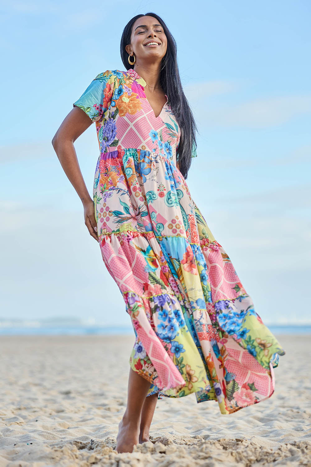 Model Eshan wearing size 10 of the Willow Midi Dress – Print in colour Print, from the front