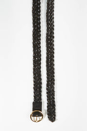 A model wearing size S of the Catrina Woven Leather Belt in colour Black (Black), from the front, showing the whole outfit