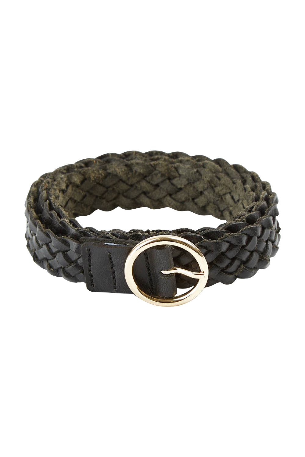 Product shot of the Catrina Woven Leather Belt in colour Black (Black), from the front