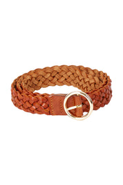 Product shot of the Catrina Woven Leather Belt in colour Tan, from the front