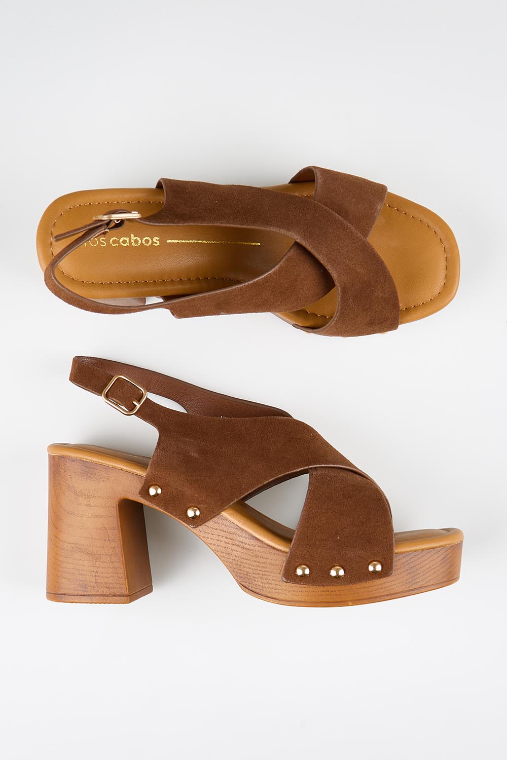 Model Genericm wearing size sample of the Anabella Heel - Chestnut in colour Chestnut, from an angle